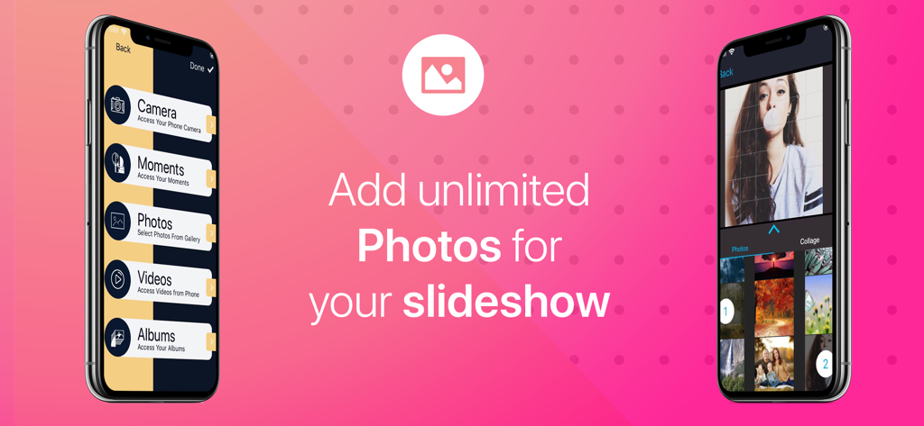 Slideshow with Music Maker App - Captures d'écran de l'interface de l'application Slideshow with Music Maker pour sélectionner des photos et des vidéos