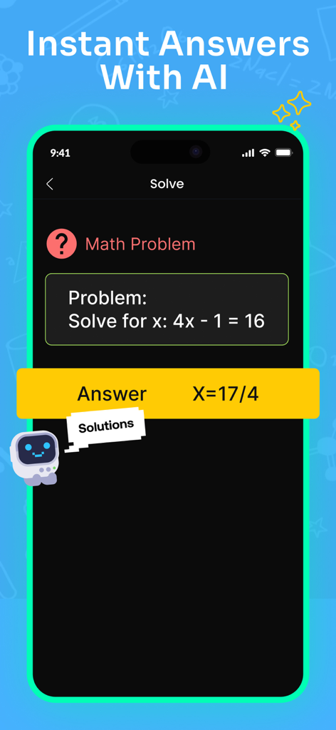 Math Solver:AI Homework Helper - Interface de aplicativo móvel mostrando um resolvedor de matemática de IA fornecendo uma resposta instantânea a um problema de álgebra.