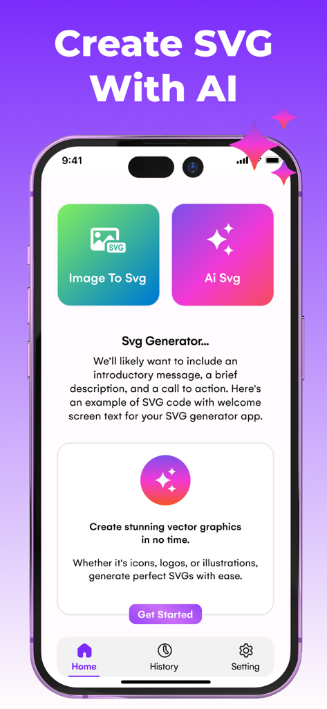 Ai SVG Converter - Vectornator - Home screen of the Ai SVG Converter app showing options to convert images to SVG and generate AI vectors.