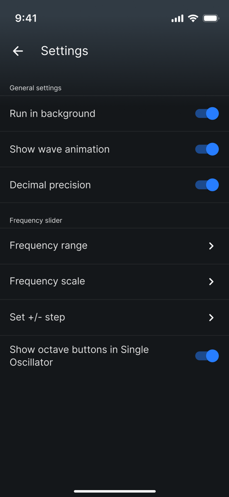 The settings menu of the Frequency Generator app displaying general and frequency slider options.