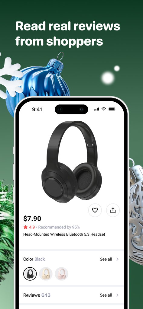 Interfaz de la aplicación de compras Joom que muestra la página de un producto de auriculares inalámbricos con reseñas de clientes