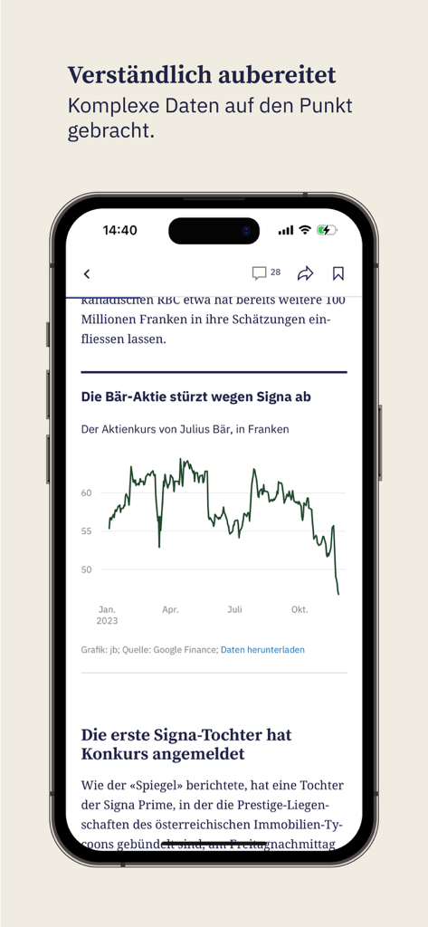 Zürcher Unterländer News - Ein Smartphone zeigt die Zürcher Unterländer News App mit einem Finanznachrichtenartikel, der eine Börsen-Liniengrafik enthält.