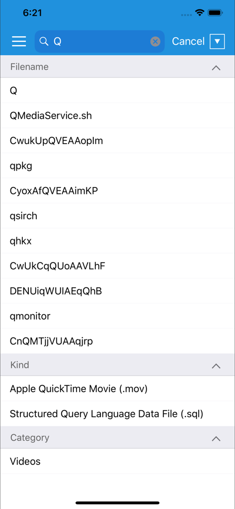 Qsirch - Interface of the Qsirch app showing a search for files on a QNAP NAS with filename suggestions and file type categories.