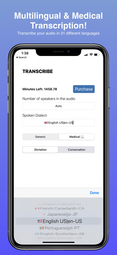 Audio Transcribe - SmartScribe - Interfaz de la aplicación SmartScribe mostrando opciones para transcripción médica y selección del idioma inglés