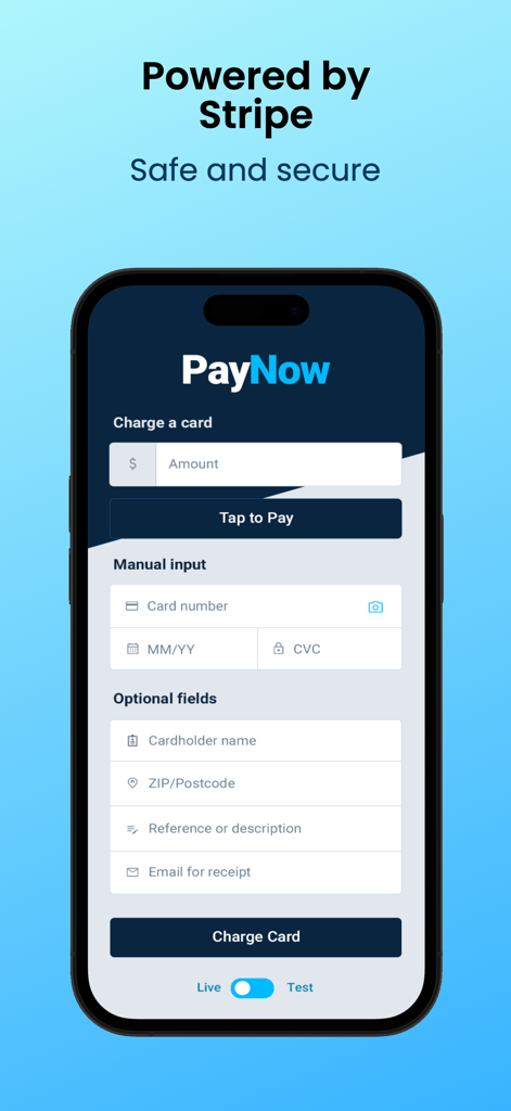 PayNow for Stripe - PayNow for Stripe mobile interface with Tap to Pay button and secure card entry form