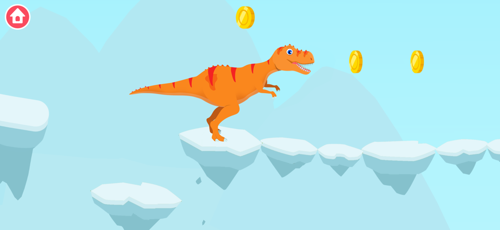 Un dinosaure de dessin animé orange sautant à travers des plates-formes glacées flottantes dans un paysage enneigé pour collecter des pièces d'or