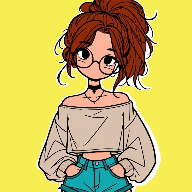 girl with a messy ponytail glasses a baggy crop top and jean shorts