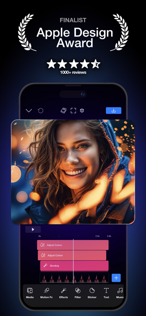 Video Effects Editor: Riveo - Riveo video editor interface on a smartphone featuring an Apple Design Award Finalist badge and cinematic portrait editing with a multi layer timeline