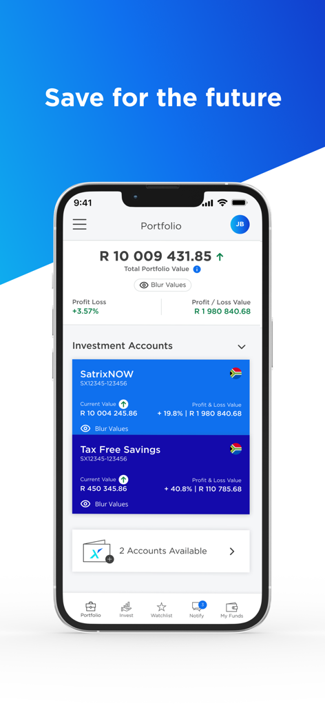 SatrixNOW - SatrixNOWの投資ポートフォリオ概要と税制優遇貯蓄口座の詳細を表示するモバイルアプリのダッシュボード。