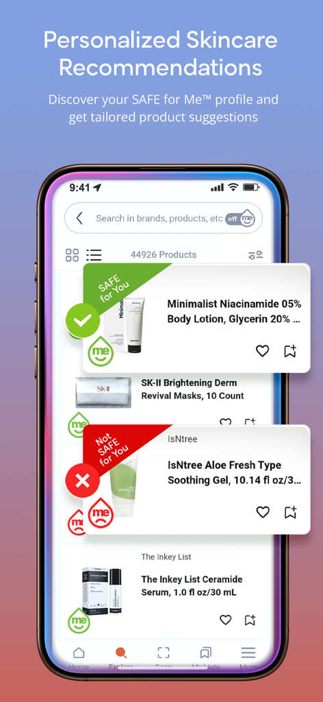 SkinSAFE: AI Skincare Scanner - SkinSAFE app screen displaying personalized skincare product recommendations with safe and unsafe indicators