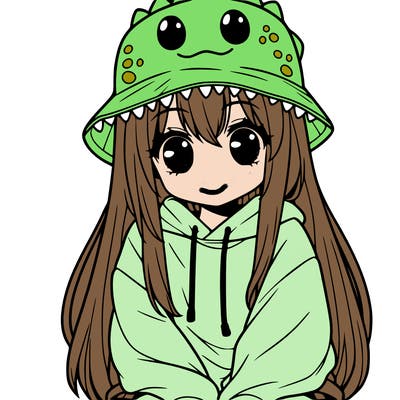 girl with anime shaped eyes with a dinosaur bucket hat oversized sweatshirt long straight hair
