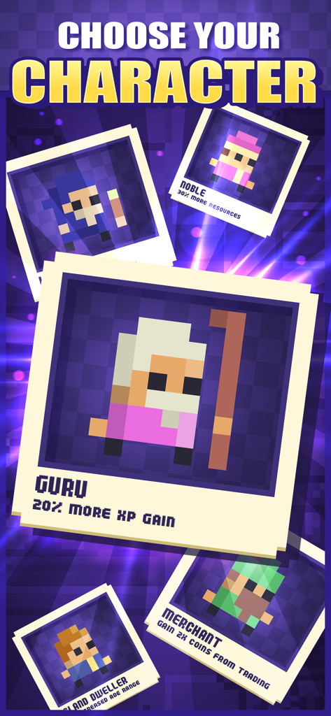 Idle Pocket Crafter 2 - Character selection screen in Idle Pocket Crafter 2 featuring retro pixel art heroes with unique gameplay bonuses.