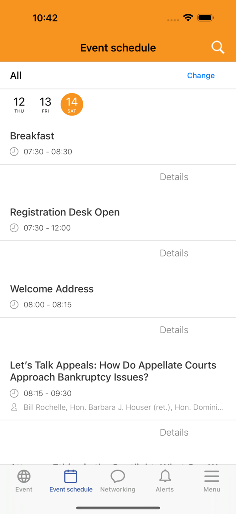 ABI Connect App - Mobile interface of the ABI Connect App displaying a conference event schedule.