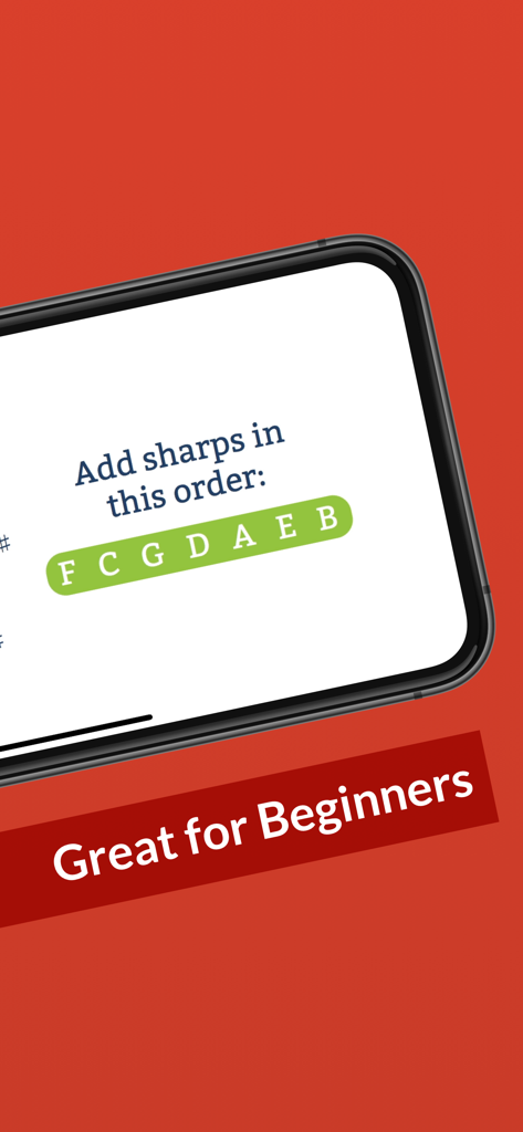 Waay: Learn music theory - Smartphone screen showing a music theory lesson on the order of sharps for beginners