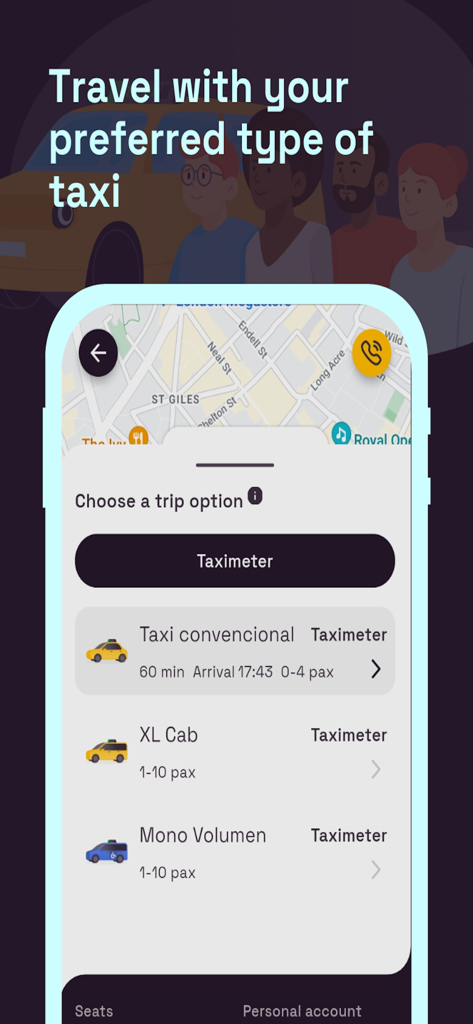 TaxiClick - Interface do aplicativo TaxiClick exibindo opções para escolher diferentes tipos de táxi, incluindo táxi XL e minivan