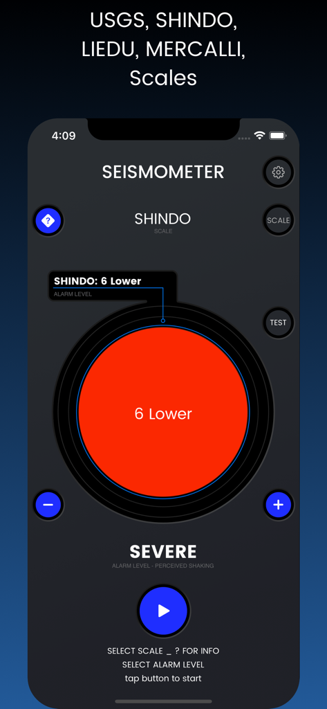 Seismometer app interface displaying a severe earthquake alarm level on the Shindo scale.