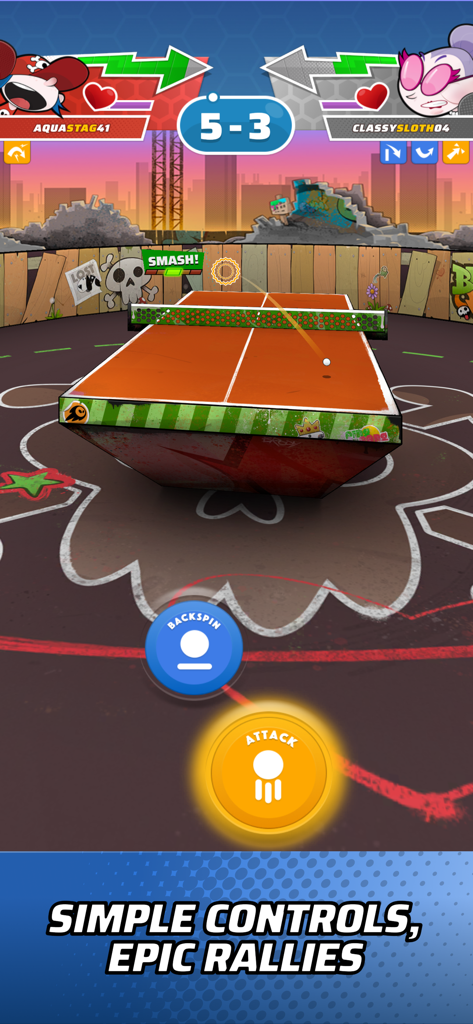 Ping Pong Squad - A 3D table tennis match in Ping Pong Squad showing simple backspin and attack controls during an epic rally