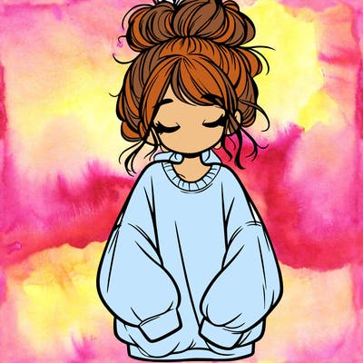 girl with baggy sweatshirt and messy bun