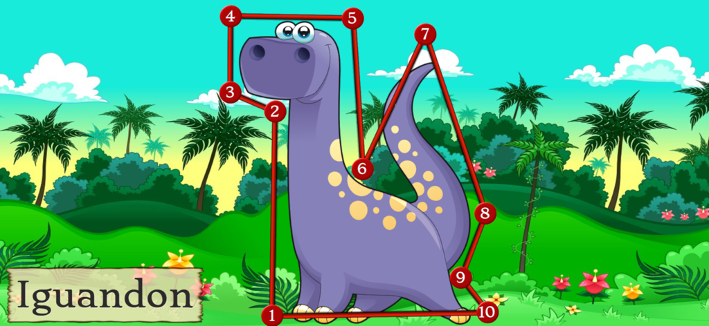 Dinosaur Dots Connect for kids - A purple cartoon iguanodon dinosaur in a connect the dots game for children.