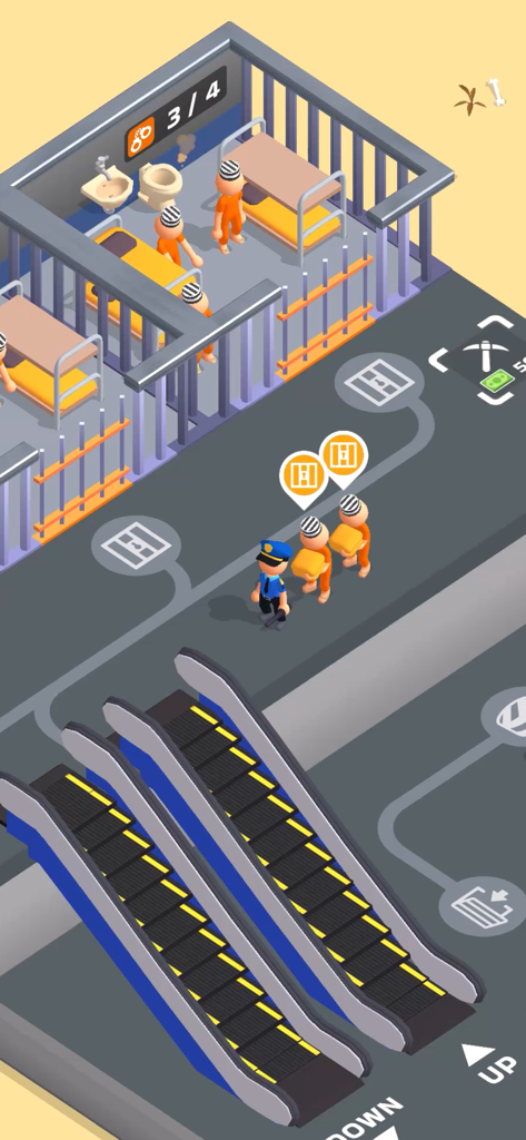 Um guarda prisional lidera detentos em macacões laranja passando por um bloco de celas em Prison Life Idle Game
