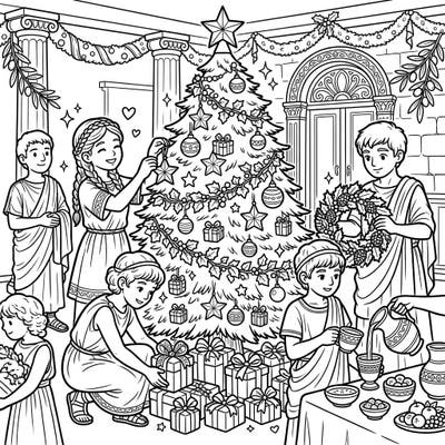 Journey to a unique Ancient Roman Christmas celebration with this captivating coloring page. Children in historical attire decorate a festive tree and share gifts, offering a delightful scene for all ages to color.