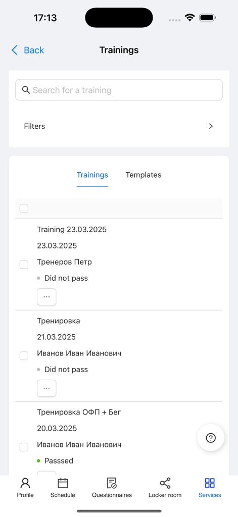 Manager 360 - Manager 360 app screen showing a list of sports training sessions with status tracking for coaches