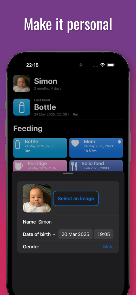 Schermata del profilo personalizzato nell'app Baby it's time con foto e dettagli di nascita.