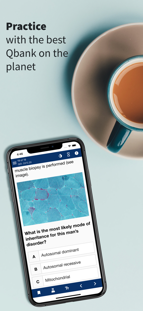USMLE-Rx - A smartphone displaying a medical board exam practice question from the USMLE-Rx Qbank featuring a muscle biopsy image.