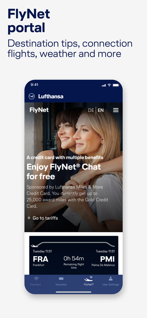 FlyNet - Lufthansa FlyNet App-Oberfläche mit Flugdetails und Chat-Angebot