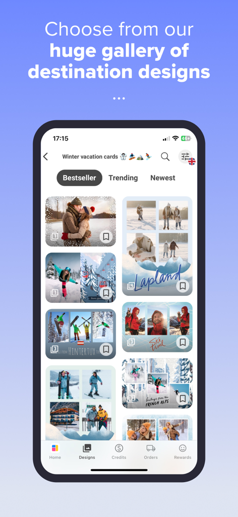 Capture d'écran de l'application MyPostcard présentant une sélection de modèles de cartes postales pour les vacances d'hiver.