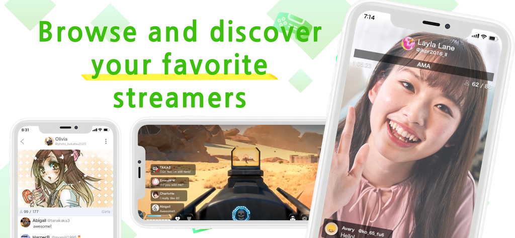 Mobile app screens showing various live streams including anime gaming and personal vlogs on Twitcast Viewer