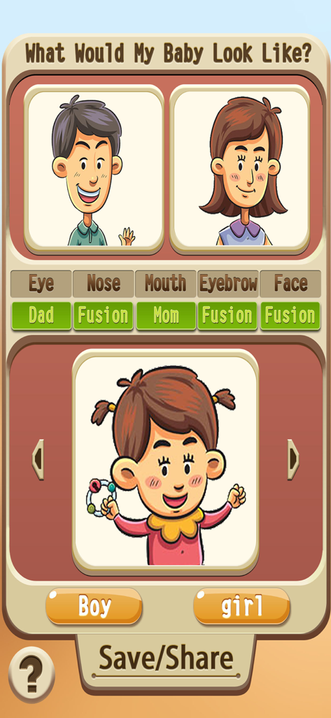 Interface do aplicativo Como Será Meu Bebê? mostrando pais em desenho animado e sua filha prevista