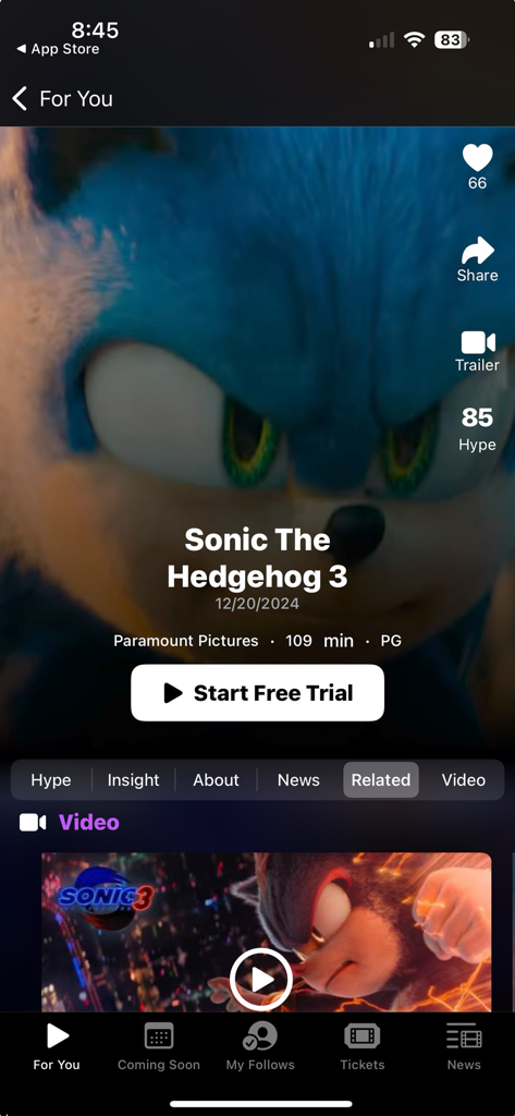 Movies Now! Stream Movie Apps - Movies Now app screen displaying details and hype score for Sonic The Hedgehog 3.