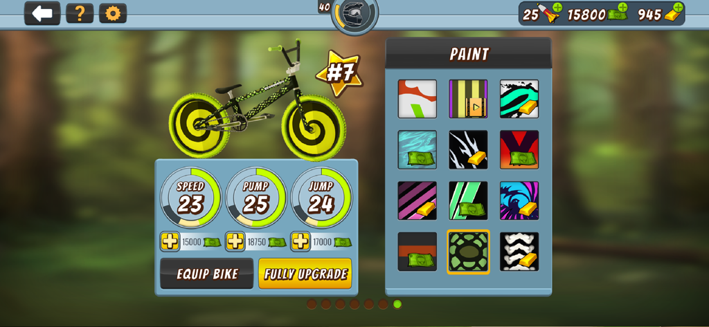 Mad Skills BMX 2: Bike Game - Pantalla de personalización de bicicleta BMX con opciones de pintura y estadísticas de rendimiento