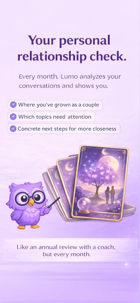 Couples App Lumo - Monthly relationship check feature in the Lumo app with a cute owl mascot