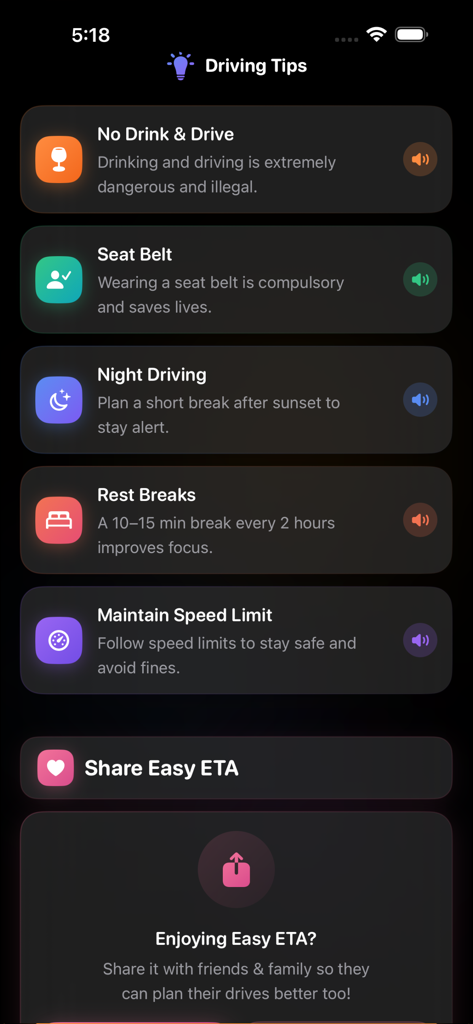 Captura de pantalla de la aplicación Easy-ETA que muestra consejos de seguridad de conducción como conducir de noche y descansos.