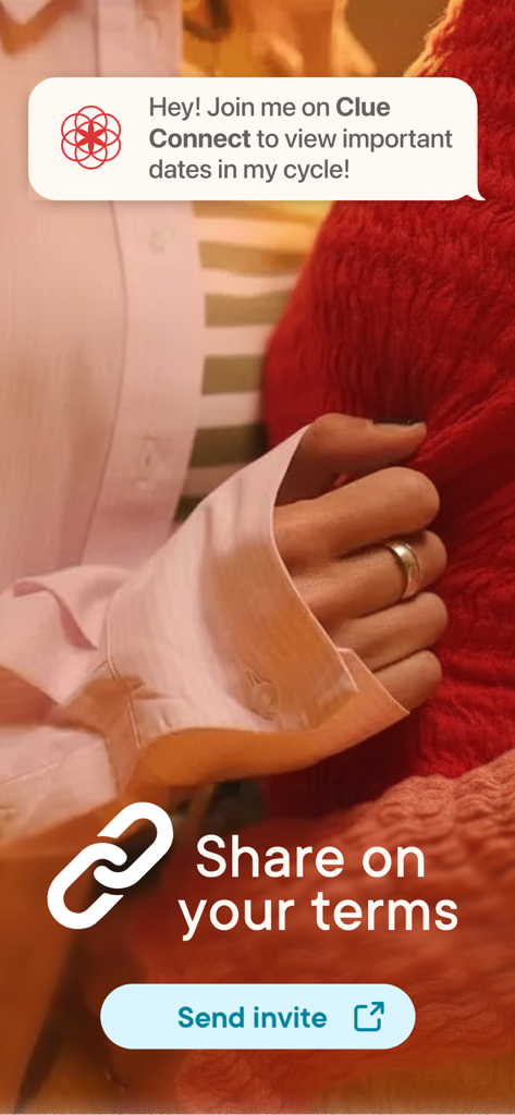 Clue Period & Cycle Tracker - Clue Connect의 기능 화면. 다른 사람과 안전하게 월경 주기 데이터를 공유하도록 초대하는 기능이 표시됩니다.