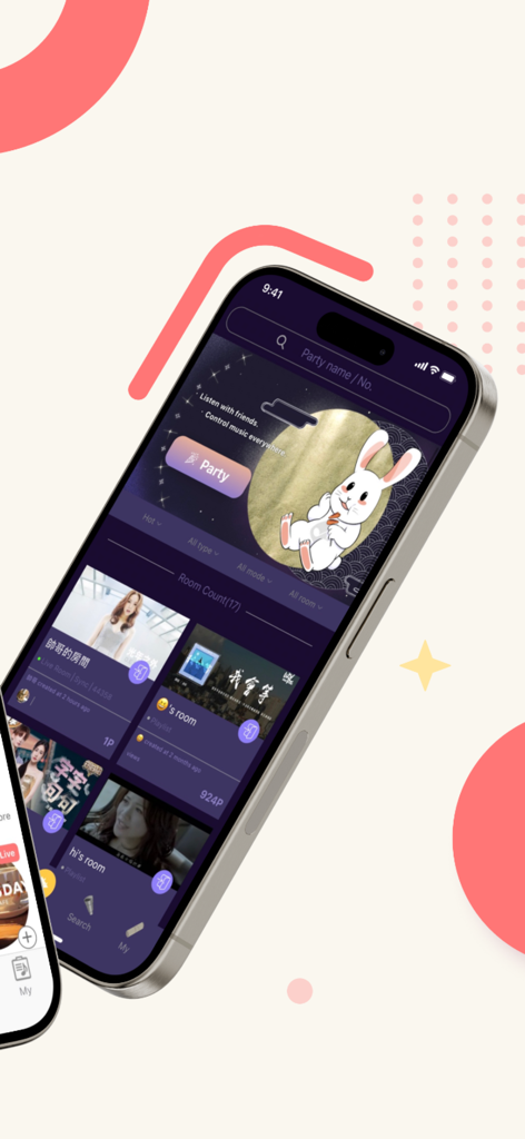 PartyTu App-Oberfläche zeigt soziale Hör-Party-Räume auf einem iPhone