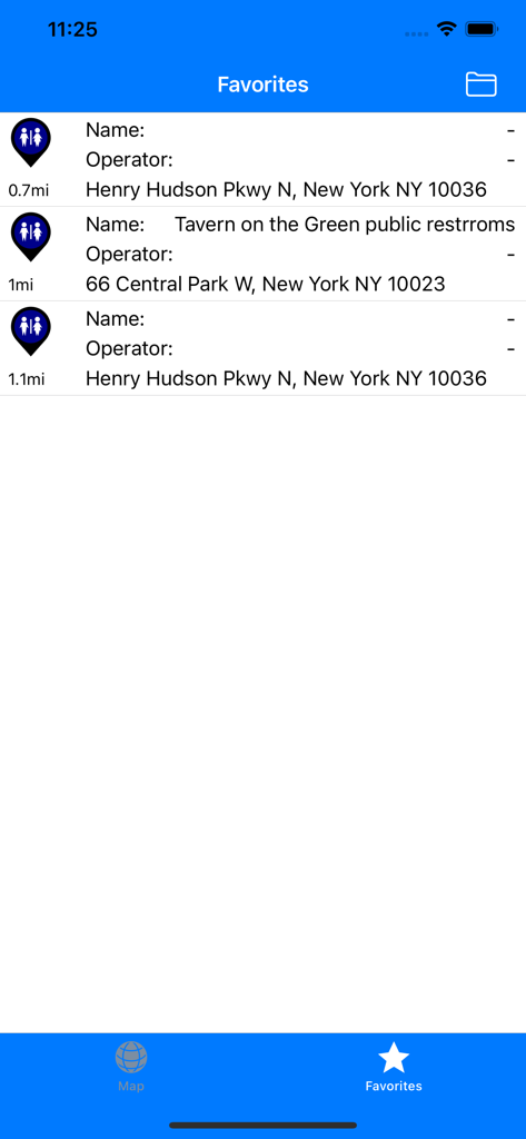 A list of saved favorite restroom locations in New York City within The Toilet Map app interface