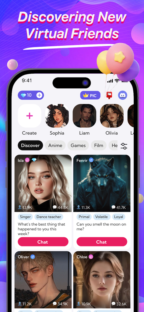 MeetAI：Chat with AI Friend - Écran de l'application MeetAI montrant une galerie d'amis IA virtuels et de personnages avec lesquels discuter