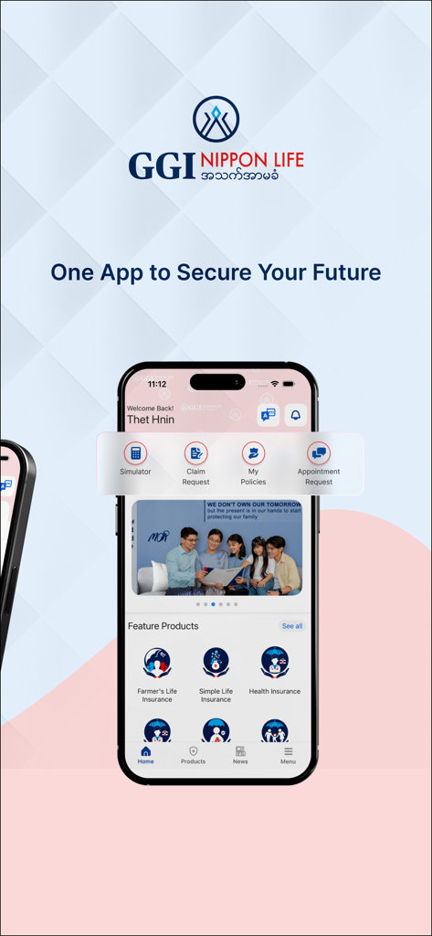 GGI Nippon Life - Pantalla de inicio de la aplicación móvil GGI Nippon Life mostrando funciones de gestión de pólizas de seguros y productos destacados como seguro de salud