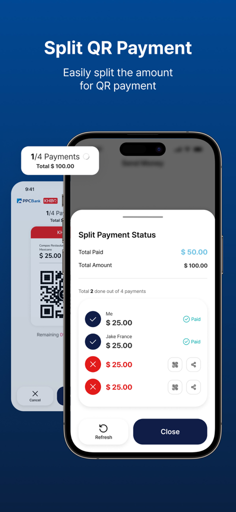 PPCBank app screen showing the split QR payment status for multiple people