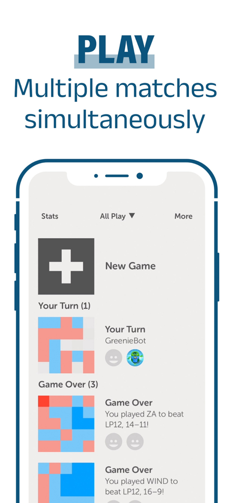 Letterpress – Word Game - Letterpress app interface showing a list of active and completed word game matches