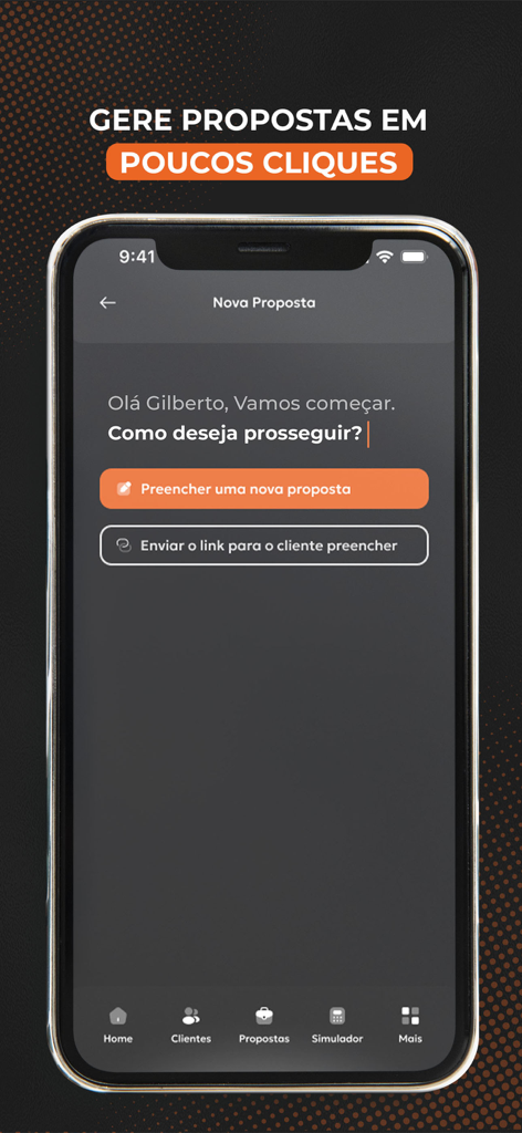 Teddy 360° - Tela do aplicativo móvel Teddy 360 mostrando opções para gerar uma nova proposta financeira