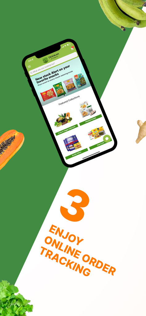 Dookan-Online Groceries - Smartphone mit der Dookan Online-Lebensmittel-App mit Bestellverfolgungstext und frischen Produkten