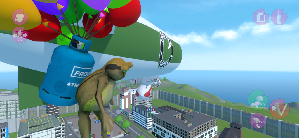 Amazing Frog? - Amazing Frog character flying with balloons and a gas tank over the city of Swindon.