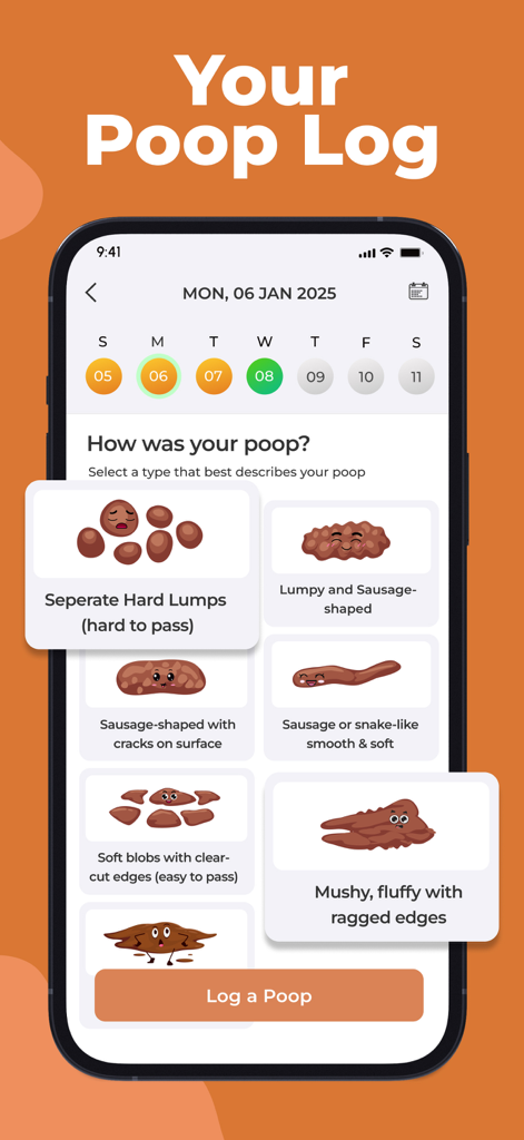 PooPal: Poop Log - Mobile screen of the PooPal app showing various illustrated bowel movement types for daily health tracking
