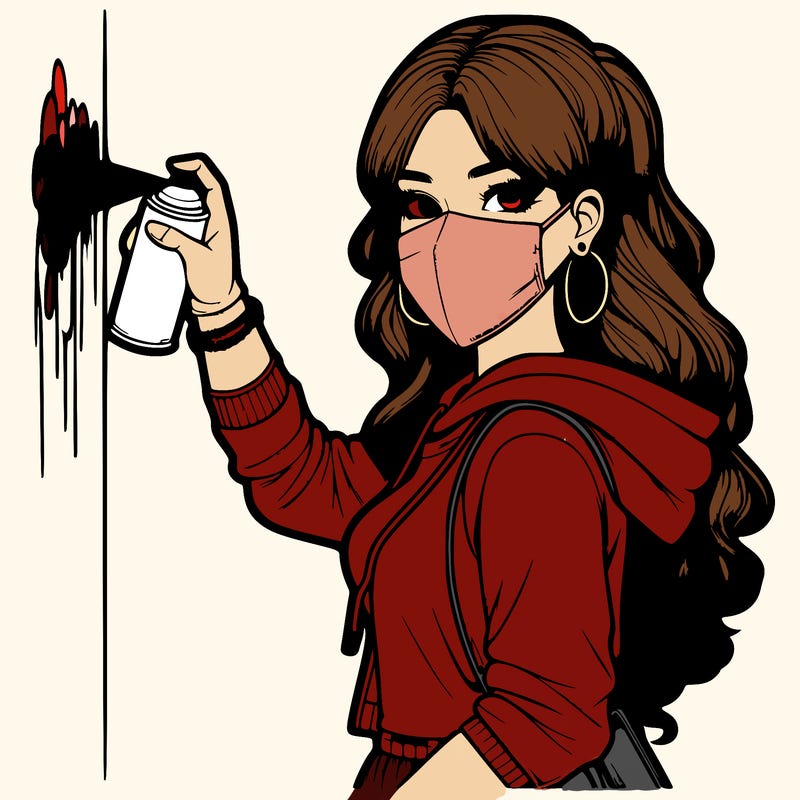 realistic girl with mask spray painting a wall