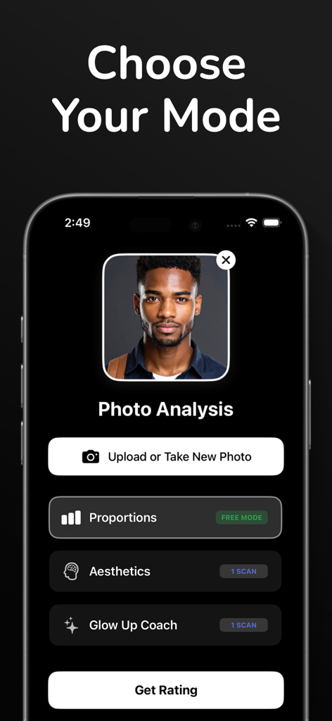 Facemetrics AI - Face Analysis - Facemetrics AIアプリの画面。プロポーション、美しさ、グローアップコーチなどの顔分析オプションを表示しています。