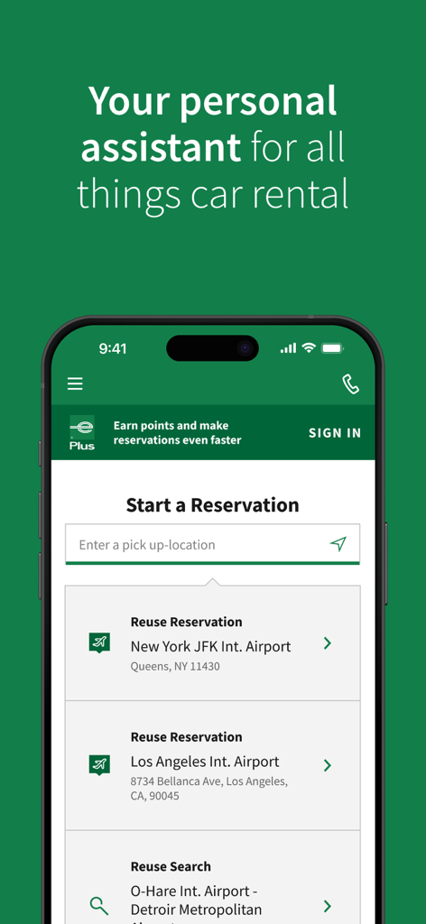 Enterprise Rent-A-Car - Enterprise Rent-A-Car mobile app interface showing the reservation start screen with options to reuse previous booking locations.